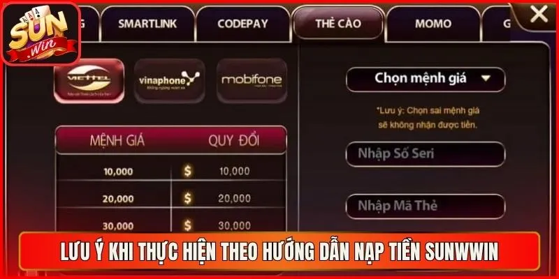 Lưu ý khi thực hiện theo hướng dẫn nạp tiền sunwin